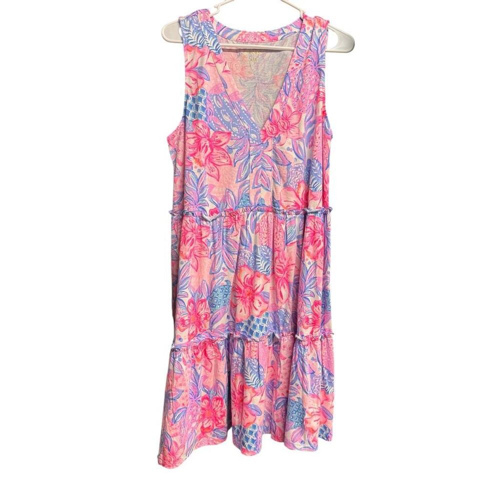 NWT Lilly Pulitzer Lorina V-Neck Dress Ruffle Pink Isle Snappy Turtle Size L